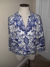CHICO's Sanibel Shores Blue White 100 Linen Open Front Jacket Size 1