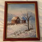 Vtg Winter Snow Barn Landscape Oil Painting Framed Rustic Farmhouse 9 X 10 1/2