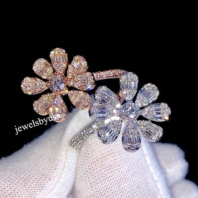Womens 2-Flower Wedding Wear Ring Genuine Moissanite Two-Tone In Real 925 Silver