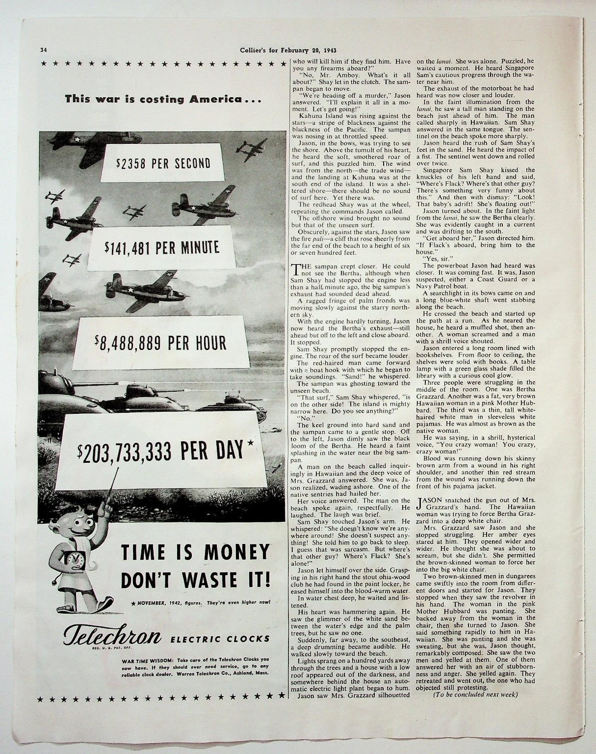 Telechron 1943 Original Print Advertisement Electric Clocks WWII Era