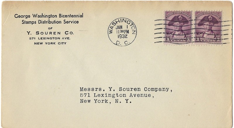 '32 FDC 3c Washington  1st Cachet Y. Souren Co. SC#708 CV$40