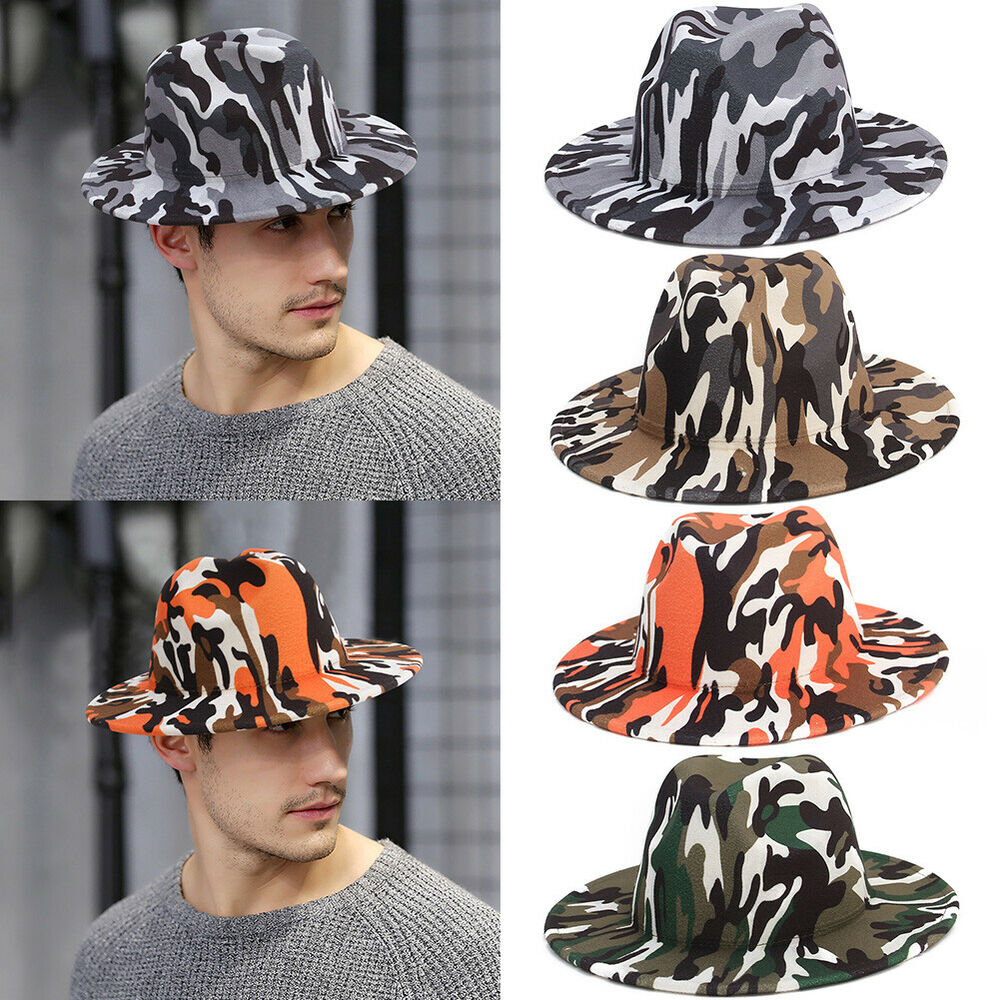 Men Women Felt Fedora Vintage Style Wide Brim Hat Camouflage