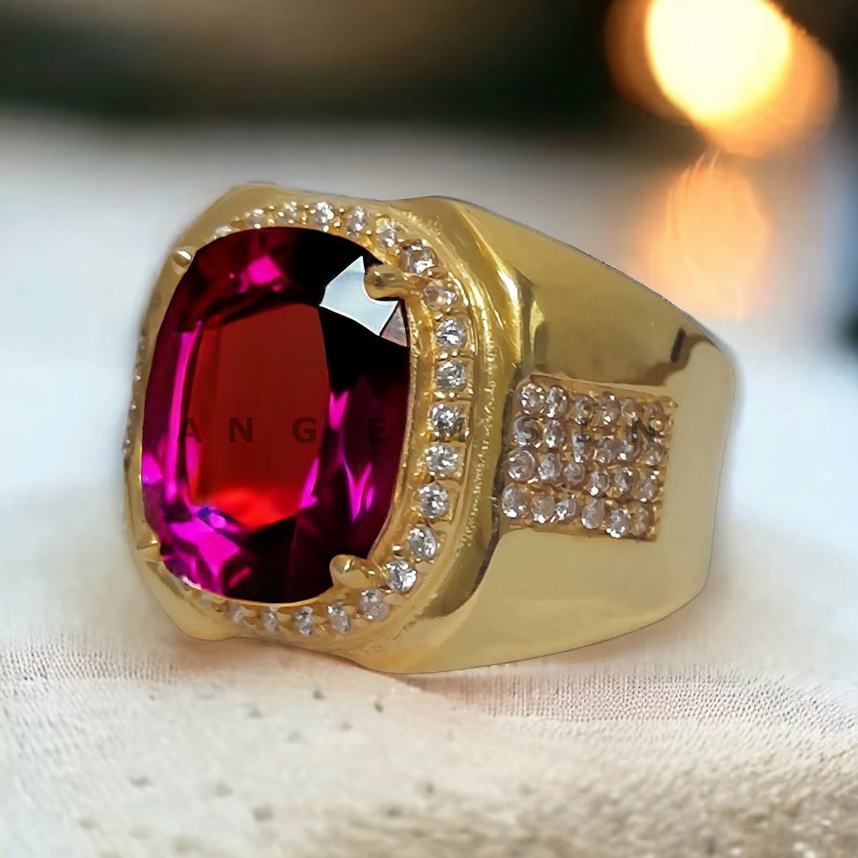 Piedras preciosas de rubí con anillo enchapado en oro de plata de ley 925 para hombre #BL36 Foto 4 de 4