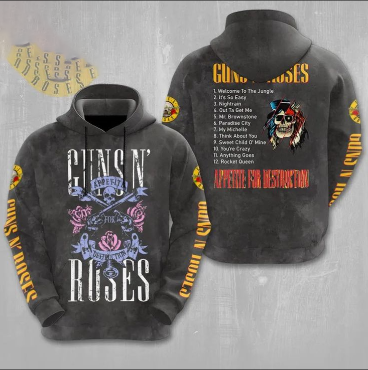 3d hoodie, Guns N' Roses List Album Music Hoodie, gift for fans