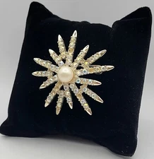 MISSING STONES Gold Tone Starburst Brooch Aurora Borealis & Faux Pearl by EMMONS