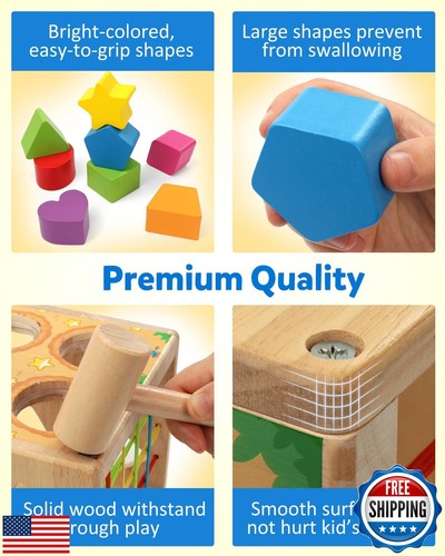Coogam Wooden Montessori Toys for Toddlers, Shape Sorting Cube Whack Mole Fin - Picture 5 of 5