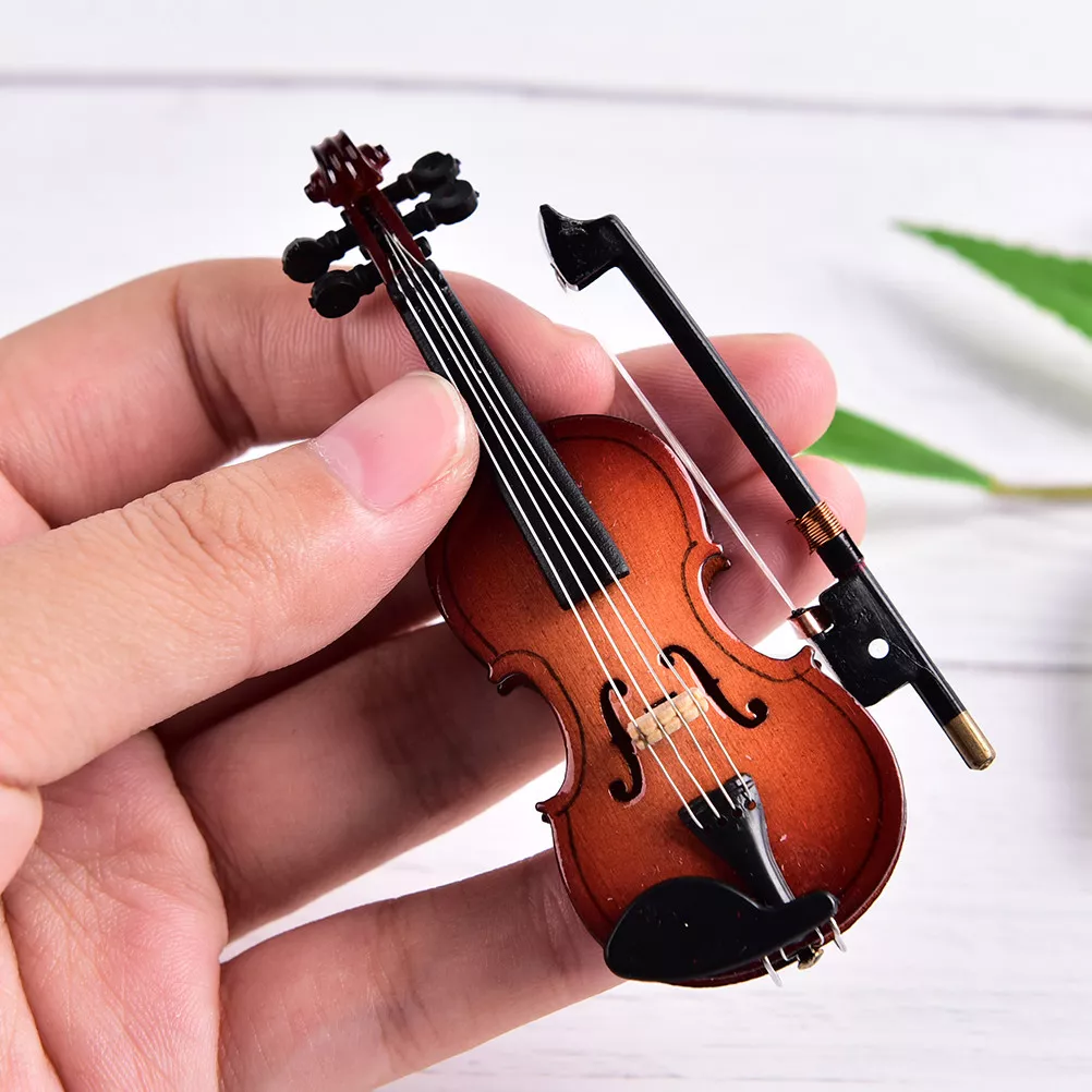 Mini Violin Miniature Musical Instrument Wooden Model with Support