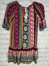 HAYDEN Girls Size 11/12 Multicolor Print Bell Sleeve W/Tassel Keyhole Tie Dress