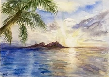 Ocean Palm Tree Sunset Original Watercolor Painting