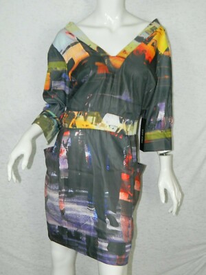 AMBER SAKAI Dress Size Small Black Grey Yellow Watercolor Screen Print Pockets