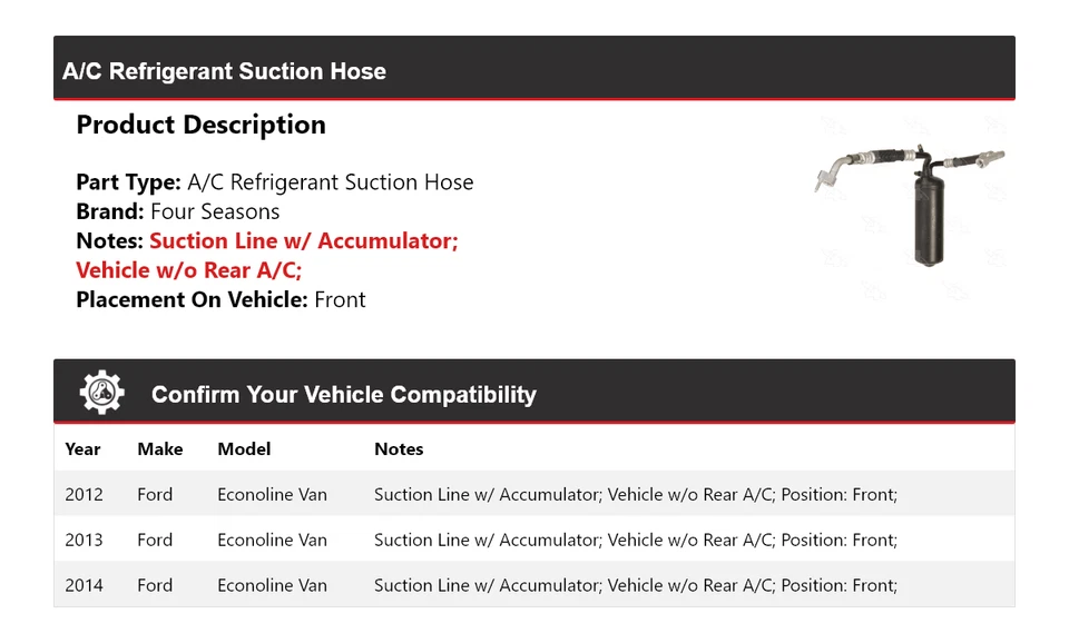 Manguera de succión de refrigerante aire acondicionado furgoneta Ford Econoline 2012-2014 delantera 4 estaciones Foto 2 de 4