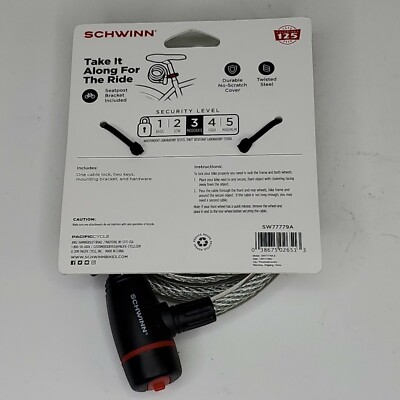 Schwinn Steel Key Cable Lock Seat Post Bracket 2 Keys 6' x 12 mm