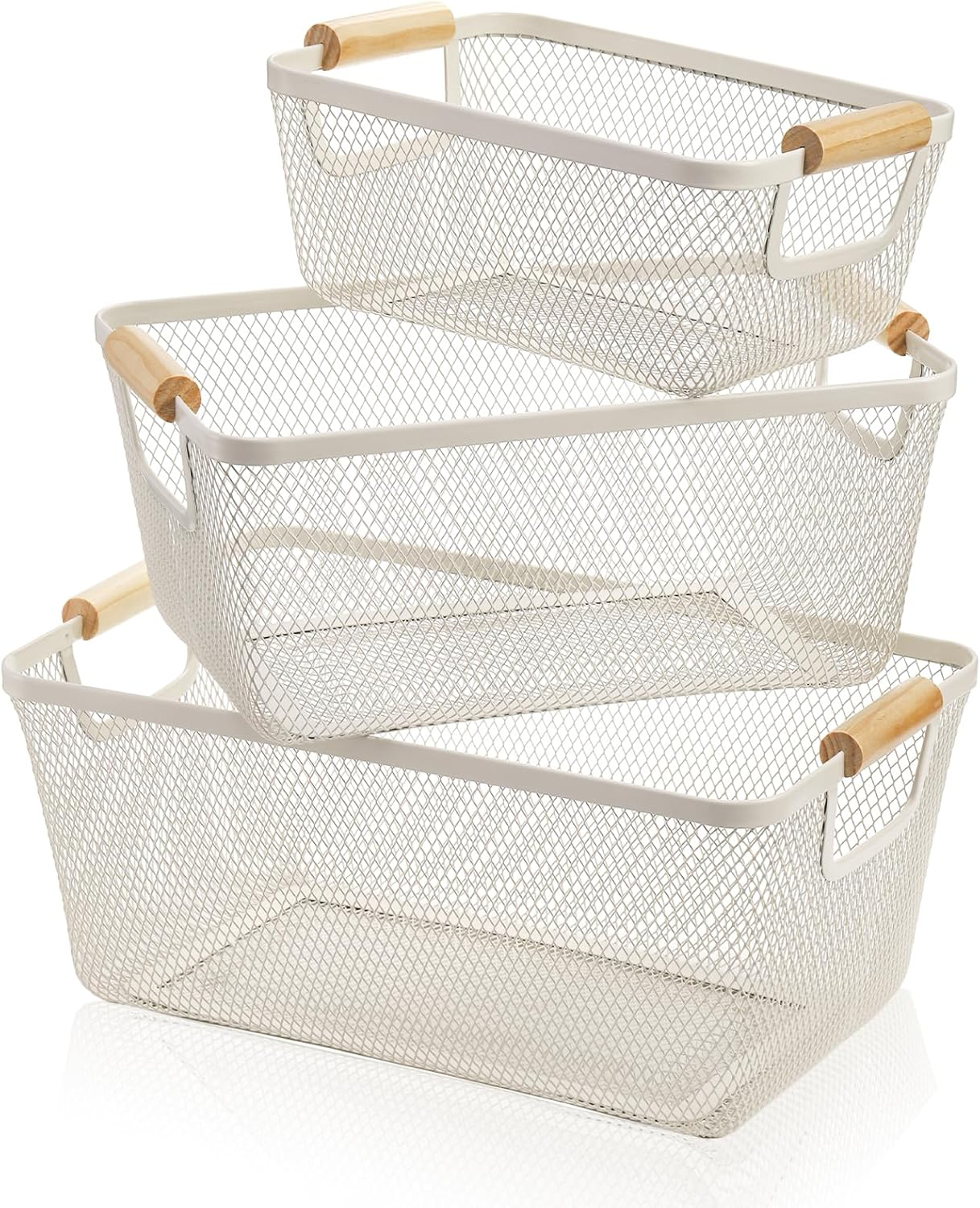 3 Pack Metal Mesh Baskets with Wood Handle, Iron Storage Organizer Baskets, Whit