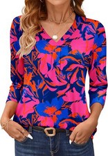 Womens 3/4 Sleeve V Neck Top Soft Lightweight Casual Summer T Shirt Blouse
