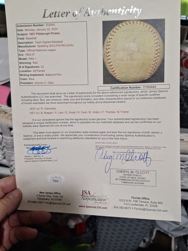 1957 Pittsburgh Pirates Team Signed ONL Giles Baseball JSA COA Roberto Clemente - Picture 11 of 12