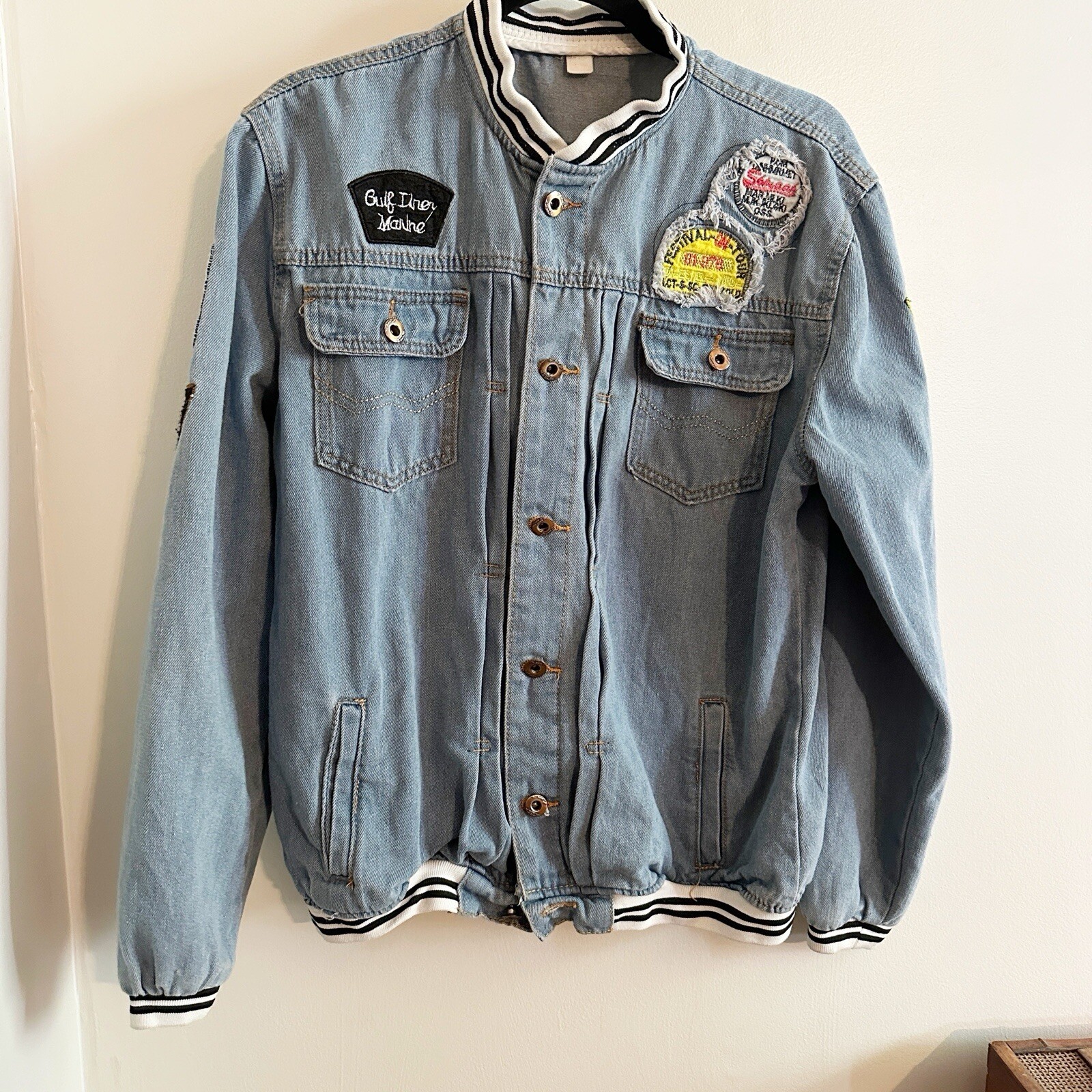 Denim Jacket Bomber Mens Blue Medium/Button Up Patches-image