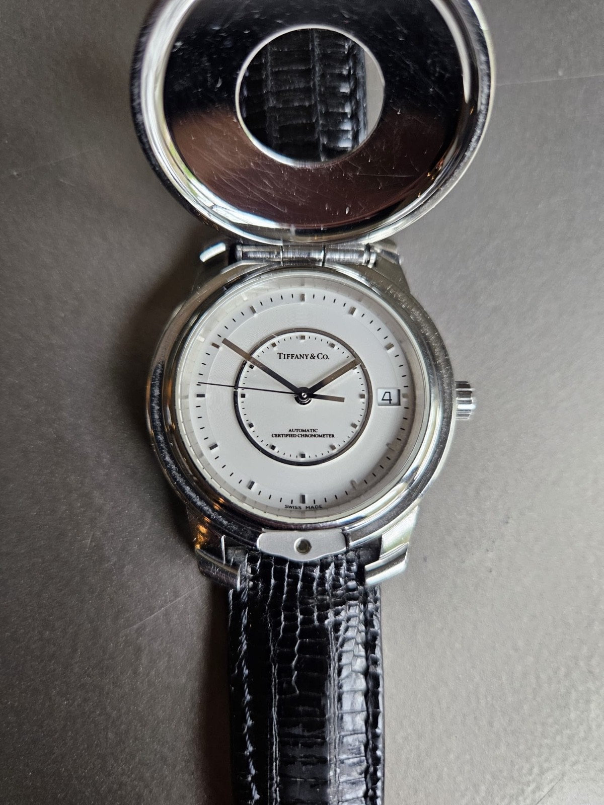 Tiffany Atlas Demi Hunter Flip Cover Case Cocktail Watch w/ Black Lizard Strap! image 5