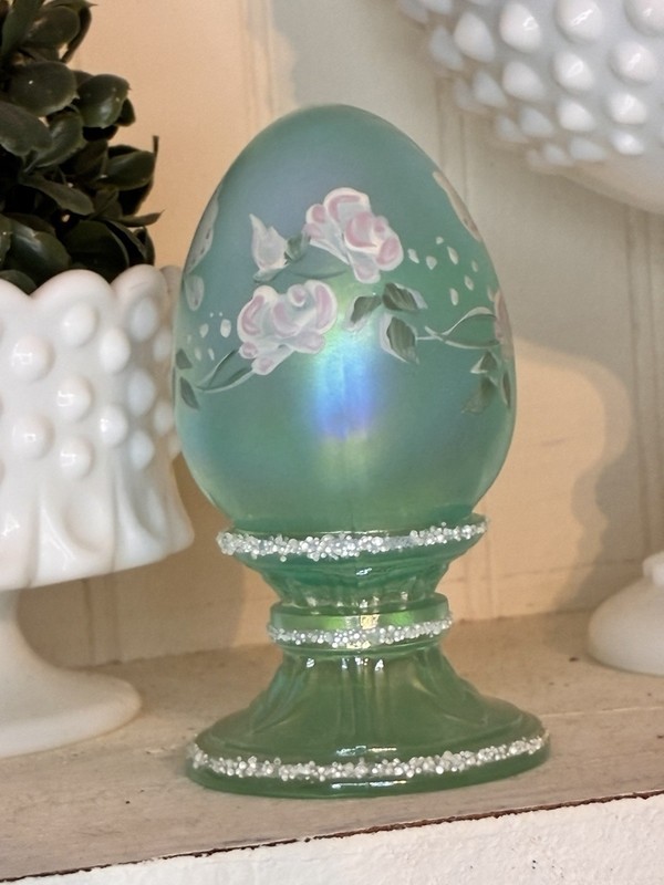 Fenton Hand Painted Iridescent Teal Satin Glass Egg Paperweight Signed
