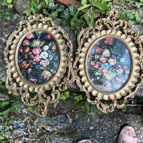 Vintage Convex Glass Floral Frames Picture Oval Ornate Metal Made in ...