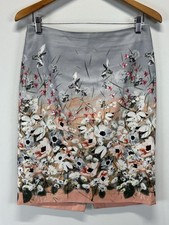 Talbots Linen Blend Skirt Sz 6 Floral Hummingbirds Lined Pink Grey