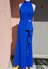 Sapphire Blue Silhouette Gown High Neck Sleeveless Maxi Dress Ruffle Front Sz 10