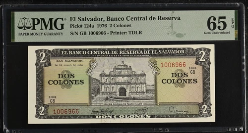 EL SALVADOR 2 COLONES 1976 p124a SERIE GB NGC 65 GEM UNC EPQ