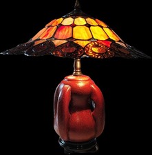 Dale Tiffany Signed Stained Glass Lamp Shade w/ Pottery Lamp