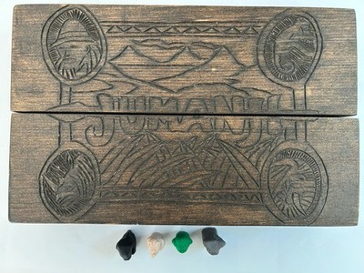 Jumanji Wooden Box Game Handmade.  Hand Carved Unique.  Include Clay Characters.