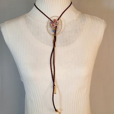 Handmade Bolo Tie Acrylic Floral Cactus Gold Tone Chain Frame Leather Cord