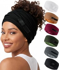 Black Satin Lined Open Turban Headband Stretch Wrap Non Slip Sport Sweatband
