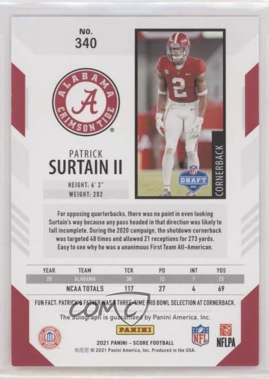 2021 Score Rookies Signatures Patrick Surtain II #340 Rookie Auto RC - Image 2 of 2