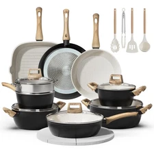 24 Pcs Pots and Pans Set Non Stick Ceramic Cookware Set with 3 Stockpots, Whi...