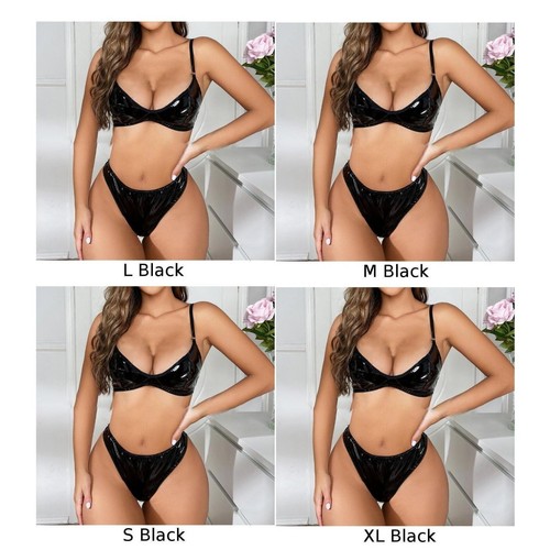 Ensemble lingerie s??duisant en cuir verni noir pour femme soutien gorge et stri - Zdjęcie 9 z 24