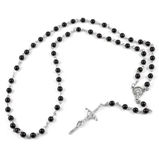 Onyx 18K White Gold Over Jesus Crucifix Cross Pendant Rosary Beads Chain For Men