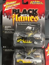 Johnny Lightning Black with Flames 1970 Plymouth Regular and WHITE LIGHTNING