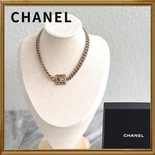 CHANEL Gold Coco Mark Rhinestone Chain Necklace 39cm Excellent Condition