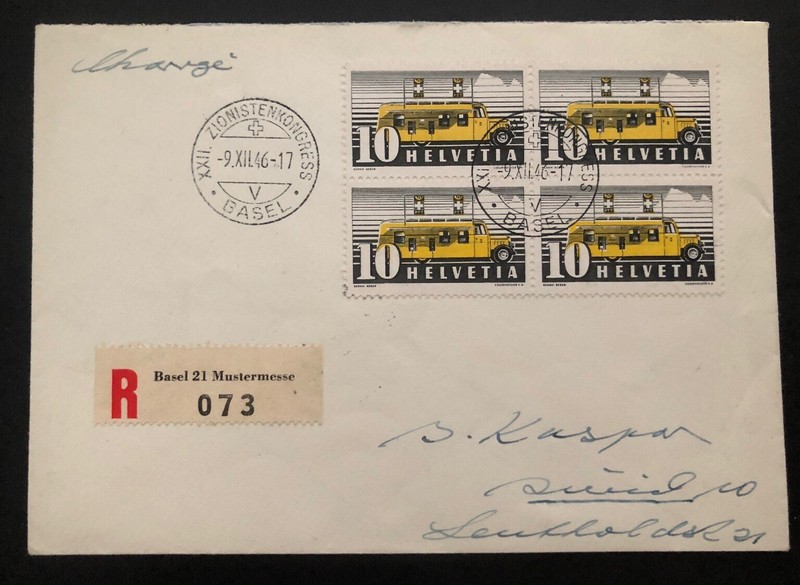 1946 Basel Switzerland Zionist Congress Registered Cover To Zurich