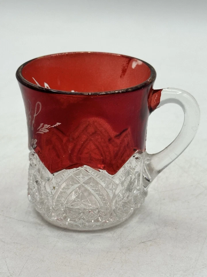Antique Ruby Red Flash Etched Glass Demitasse Handled Cup Marie Eckl 1909 - Image 4 of 4