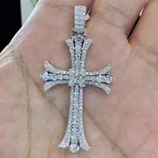 2CT Round Cut White Moissanite Men's Cross Pendant 14K White Gold Plated