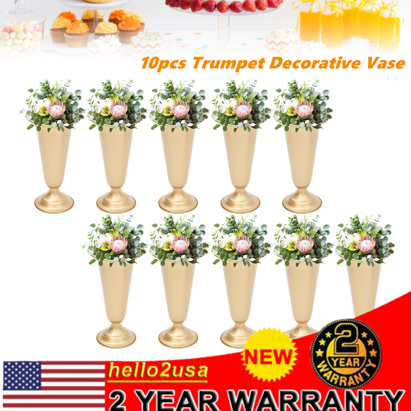 10 X Trumpet Vases Gold Iron Desktop Mount Wedding Party Centerpiece Vase 25cm