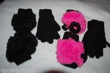 Girls 2 PAIR LOT Knit Gloves w/ Furry Glove Covers PINK BLACK Warm ONE SIZE