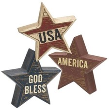 NEW Primitive AMERICANA STARS SHELF SITTERS 4" H 3 pcs Wood Patriotic Rustic