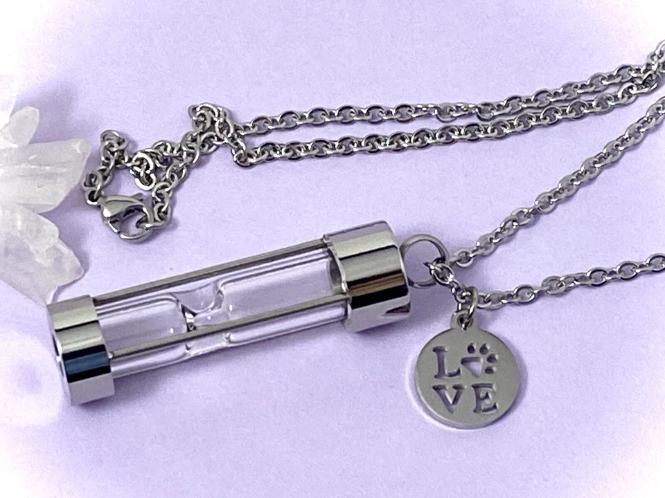 Joyería de cremación para mascotas urna collar reloj de arena para cenizas perro gato AMOR estampado de patas  Foto 2 de 4