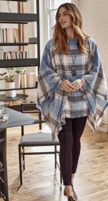 NWT J. Jill Size S-L Cozy Blue/Burgundy Cream Plaid Fringe Trim Poncho NEW