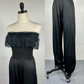 Vintage 80s Black Nylon Strapless Harem Jumpsuit Smocked Bodice Lace Trim Small