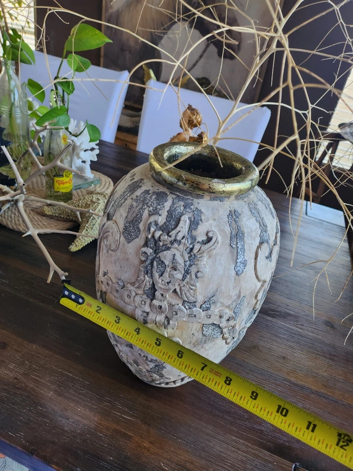 Antique Hand Carved Asian Wooden 13" Chinese Vase Vessel Feng Shui Goodluck Coin - Image 3 of 4