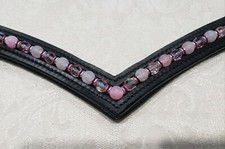 16" Full/Horse Black V-Shape Browband w/XL Loops and Pink Beads and Crystals