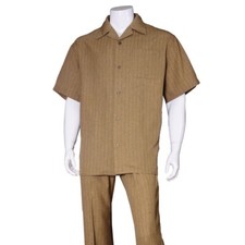 Men's 2pc Walking Suit Short Sleeve Casual Shirt  Pants Set 2971 L.Brown