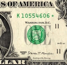2017 K Star note Fancy Serial Number Regular Run One Dollar Bill