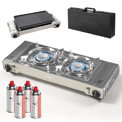 Campingkocher 2-flammig mit Grillplatte und Koffer, mit 4x 227g Gaskartuschen